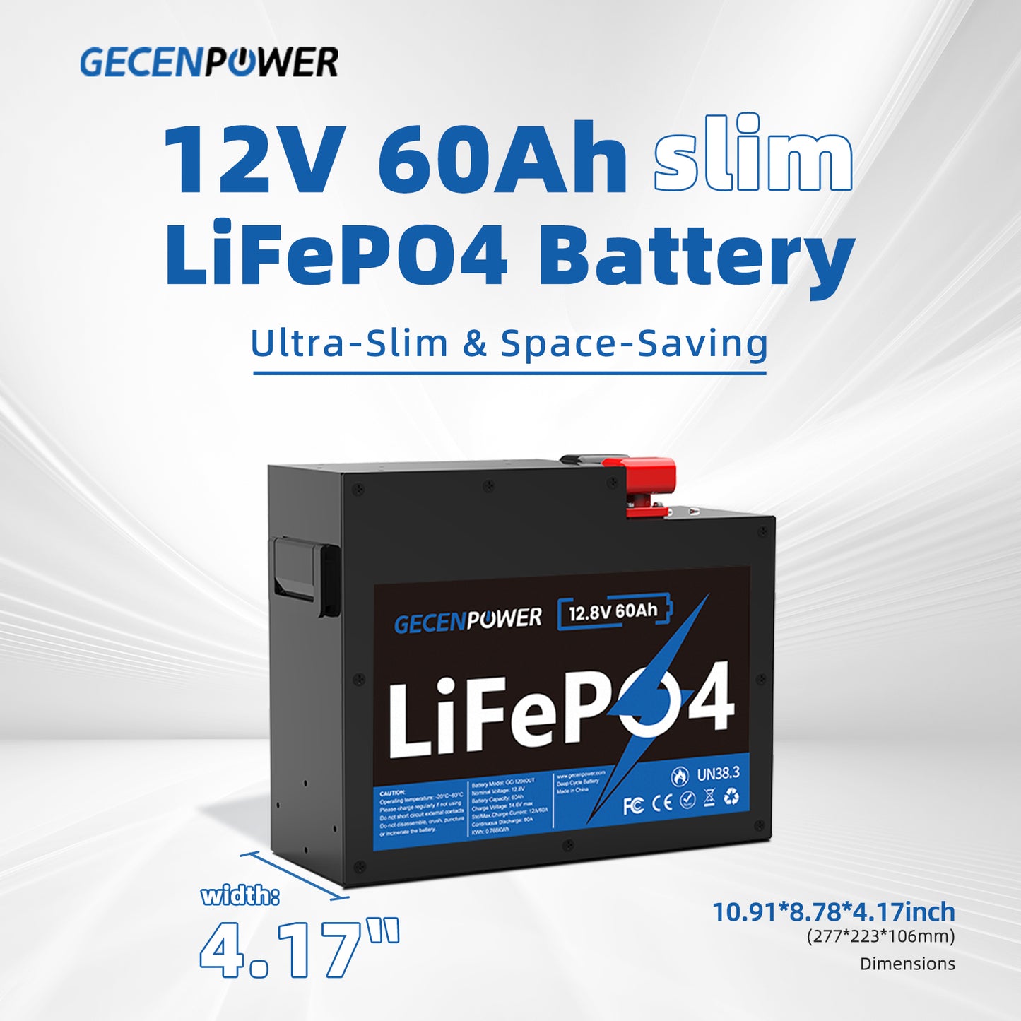 12.8V 60Ah slim LiFePO4 Battery Ultra-Slim & Space-Saving