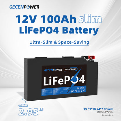 12.8V 100Ah slim LiFePO4 Battery Ultra-Slim / Space-Saving.It features a space-saving ultra-thin body.