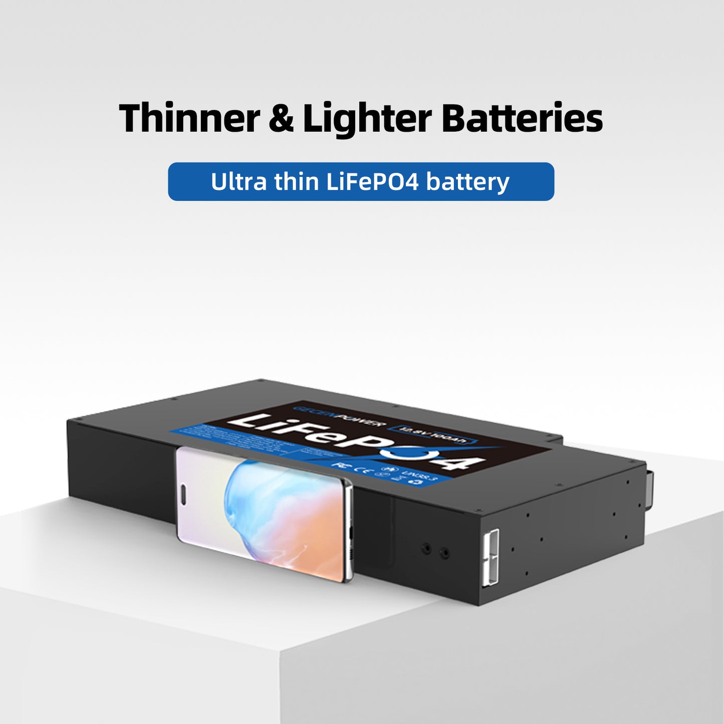 12.8V 100Ah slim LiFePO4 Battery Ultra-Slim / Space-Saving.It features a space-saving ultra-thin body.