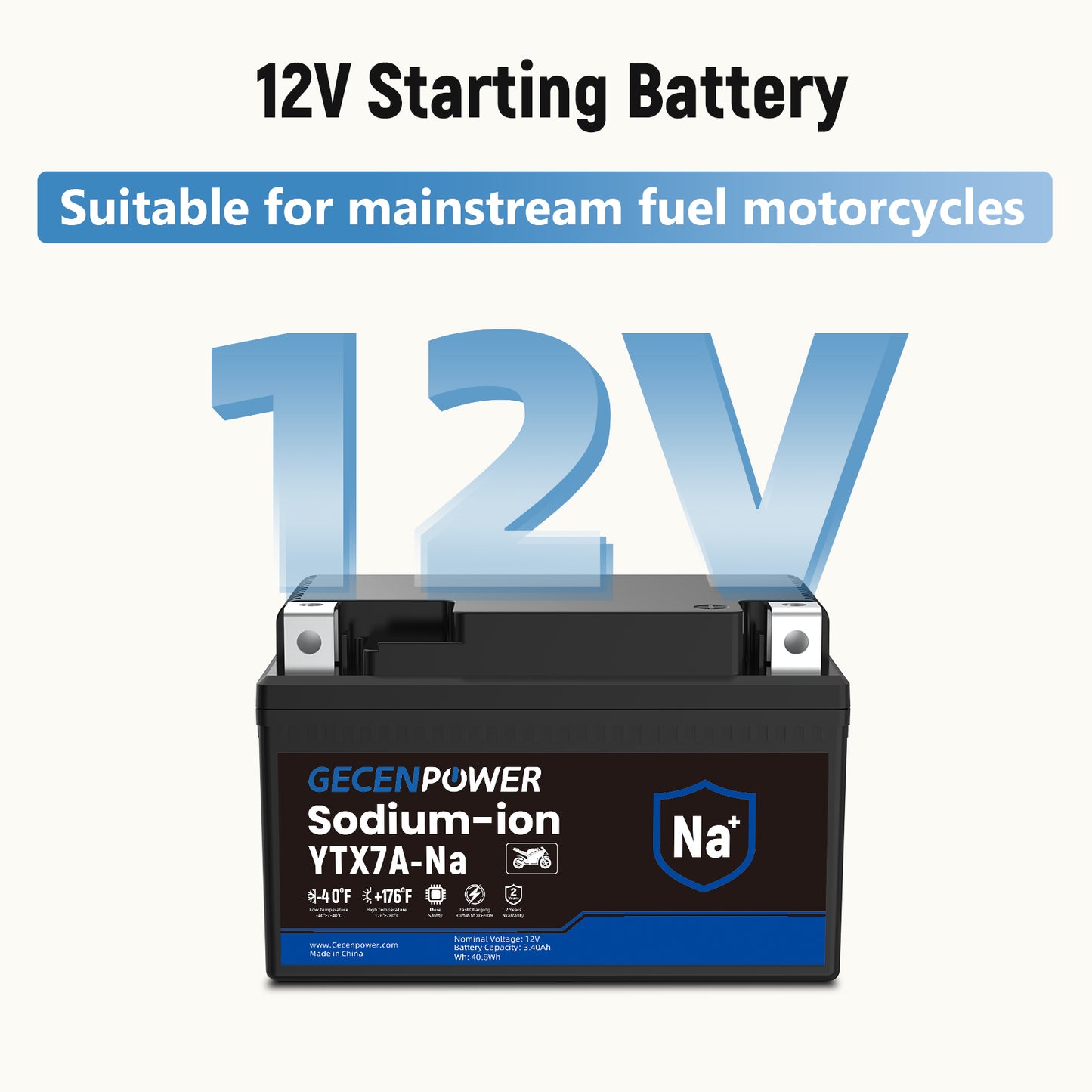 YTX7A 12.8V 3.4Ah Sodium-Ion Motorcycle Battery. For Motorcycles, ATVs, UTVs