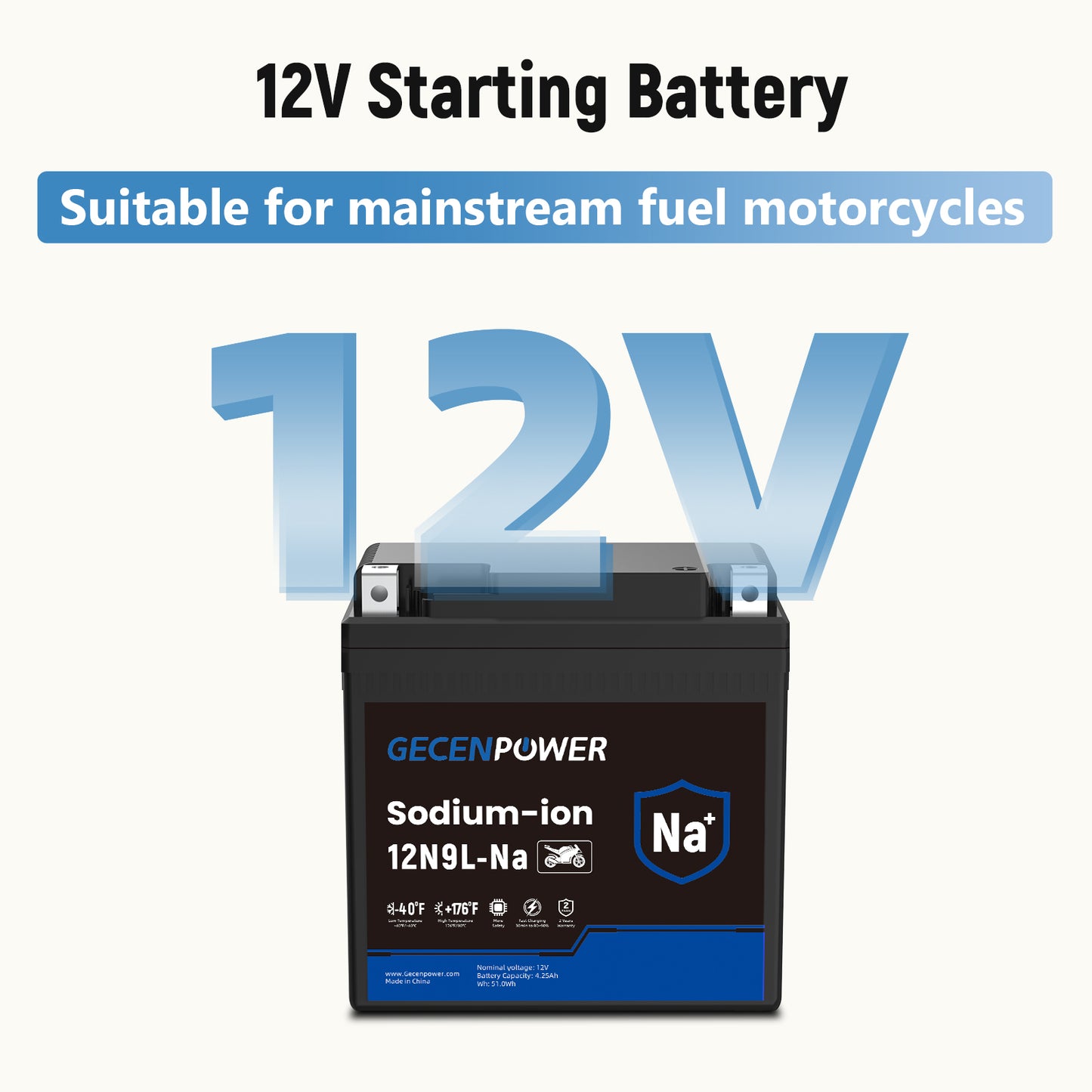 12N9L 12.8V 4.25Ah Sodium-Ion Motorcycle Battery For Motorcycles, ATVs, UTVs