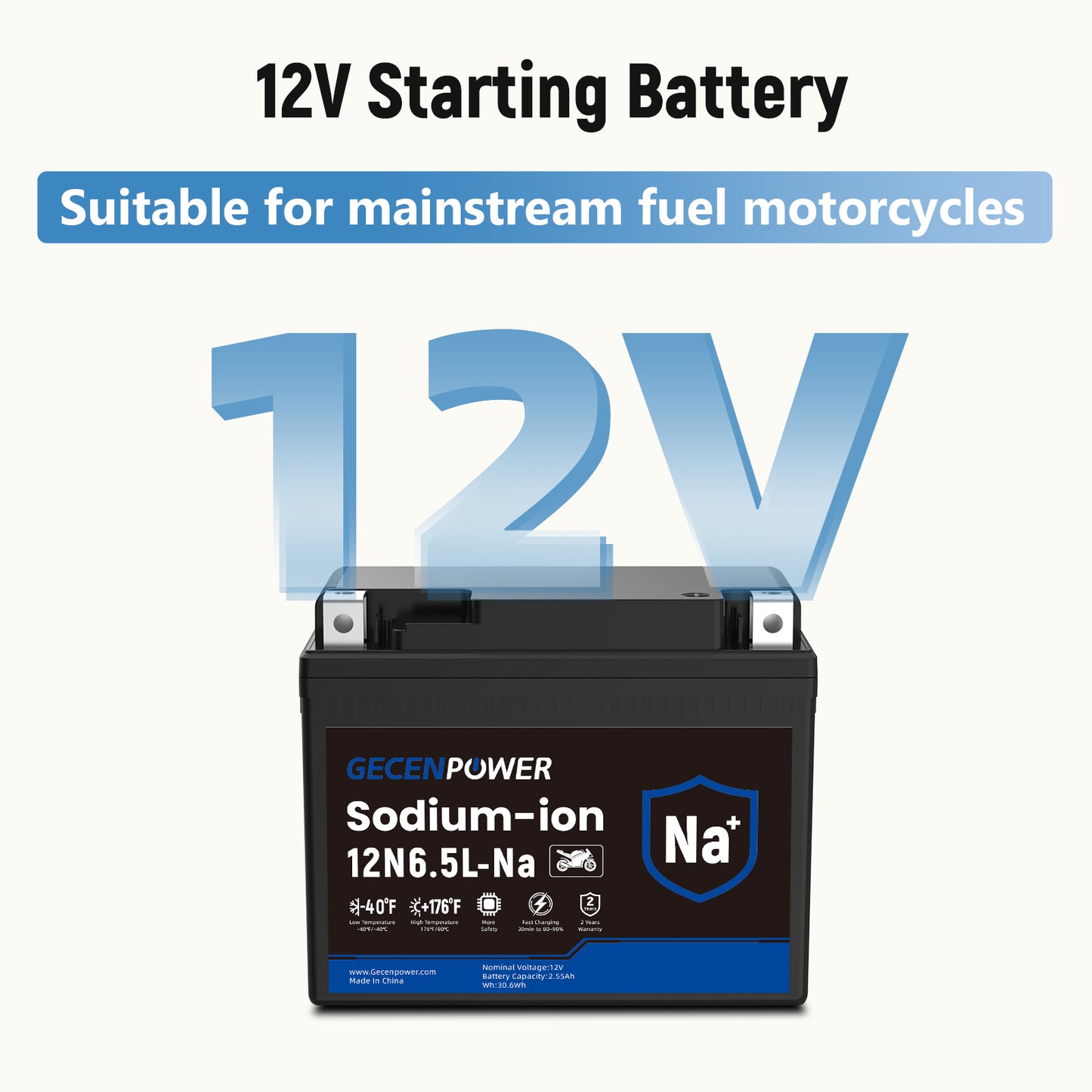 12N6.5L 12.8V 2.55Ah Sodium-Ion Motorcycle Battery For Motorcycles, ATVs, UTVs