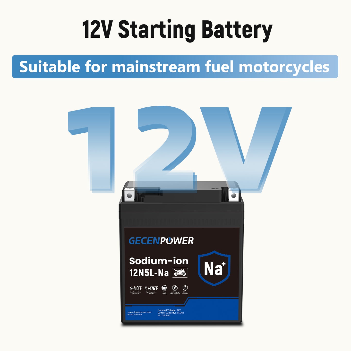 12N5L 12.8V 2.55Ah Sodium-Ion Motorcycle Battery For Motorcycles, ATVs, UTVs