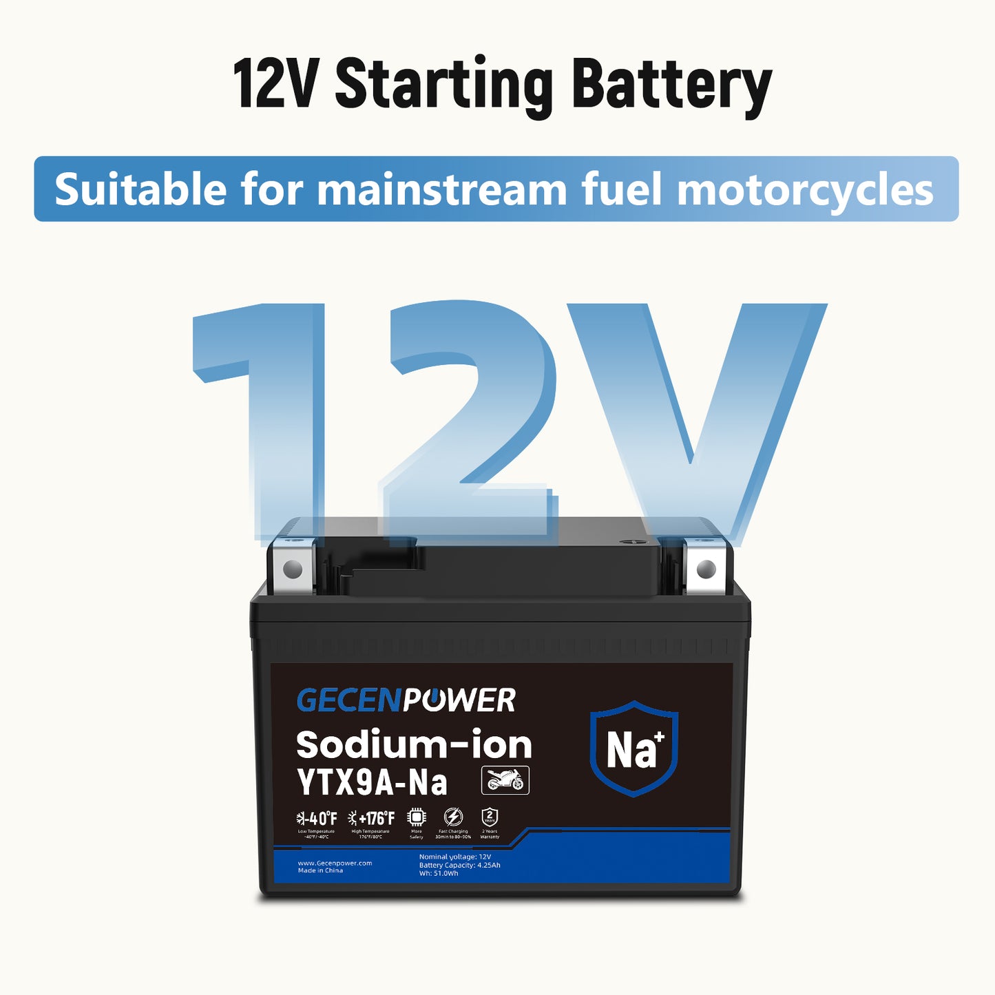 YTX9A 12.8V 4.25Ah Sodium-Ion Motorcycle Battery For Motorcycles, ATVs, UTVs