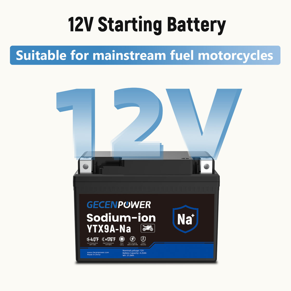 YTX9A-Na 12V 4.25Ah Sodium-Ion Motorcycle Battery For Motorcycles, ATVs, UTVs