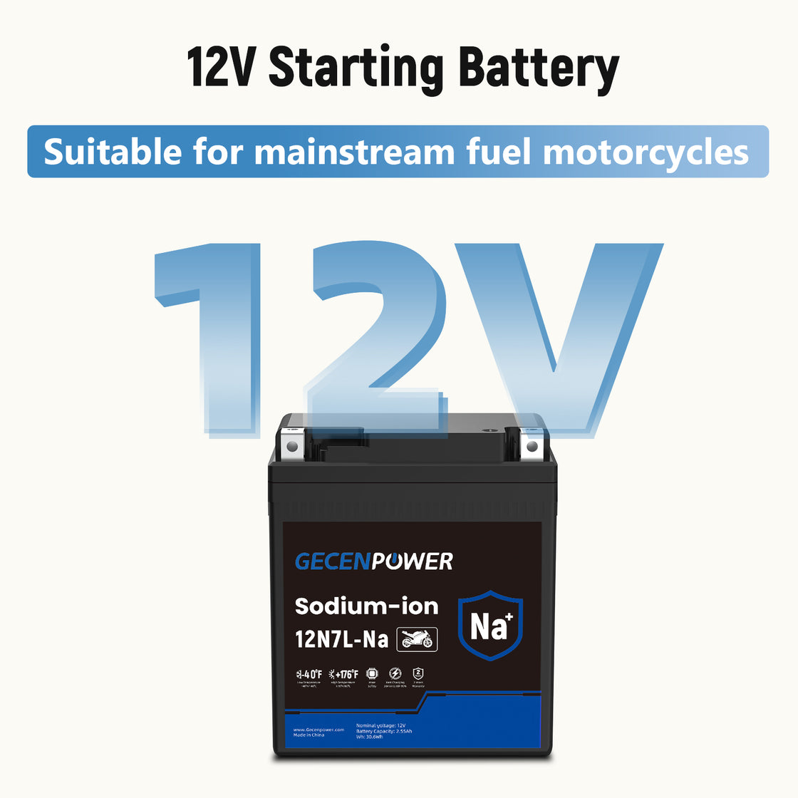 12N7L 12V 2.55Ah Sodium-Ion Motorcycle Battery For Motorcycles, ATVs, UTVs